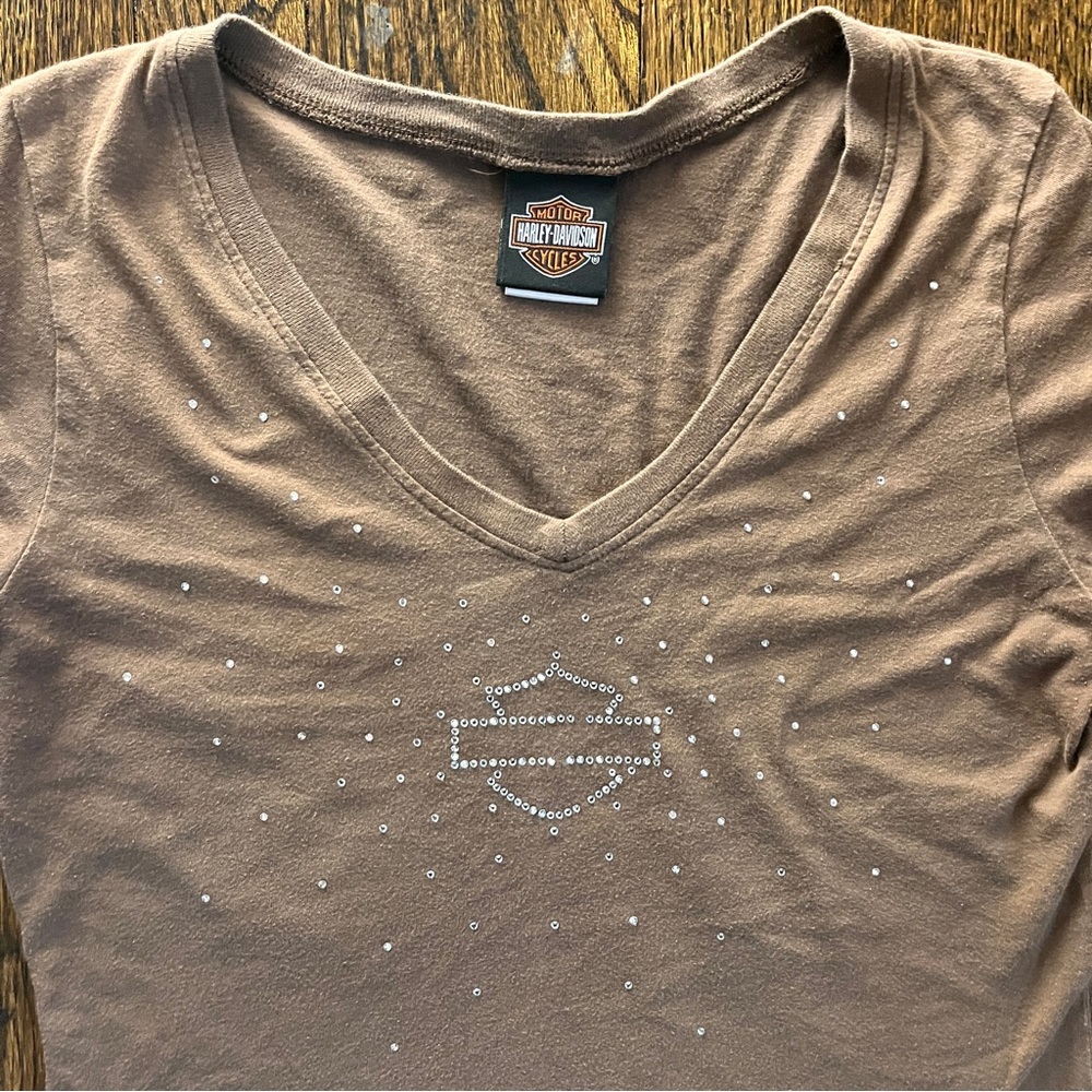 Harley Davidson Shirt Womens L BrownV Neck Top Motorcycle Biker Rhinestone